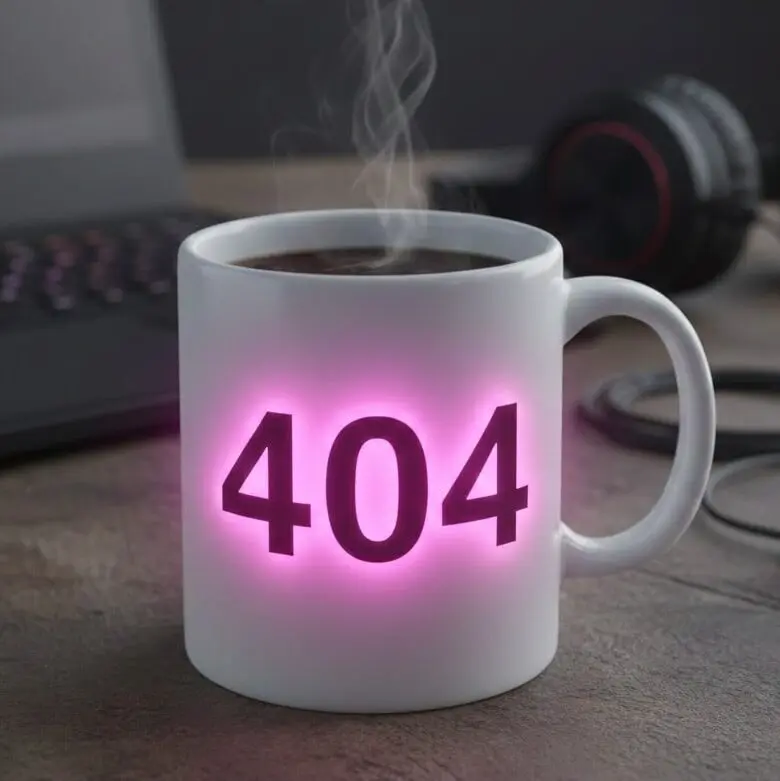 TNK creative development: A 404 coffee cup, laptop, and headphones for Tag a Song.
