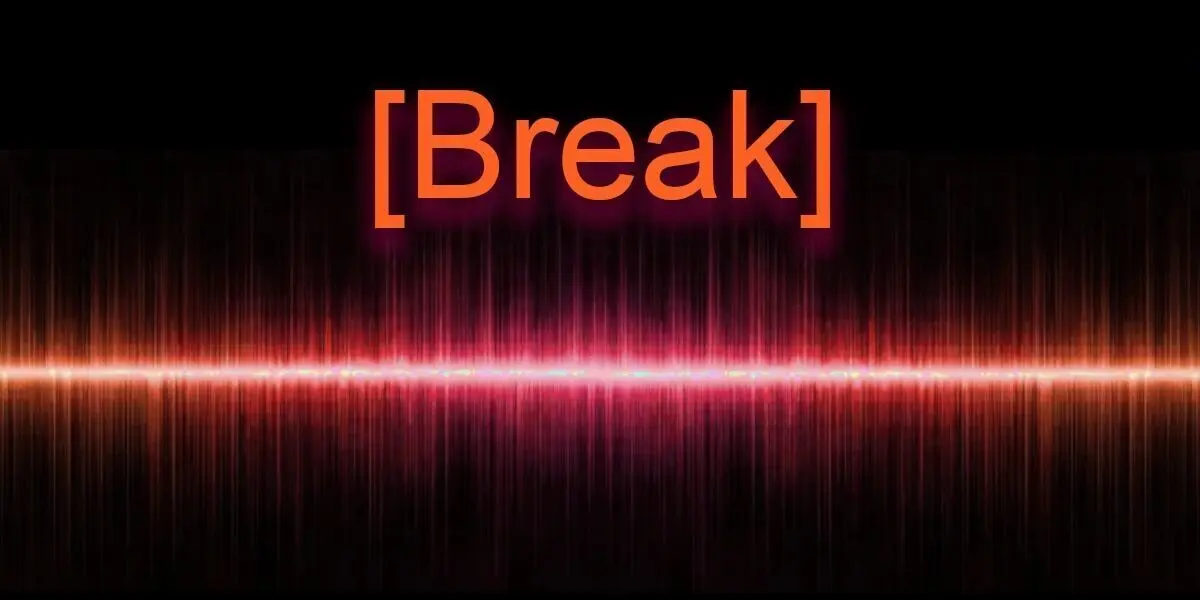 Suno Prompt Syntax: AI music Break tag over an orange and pink audio waveform.