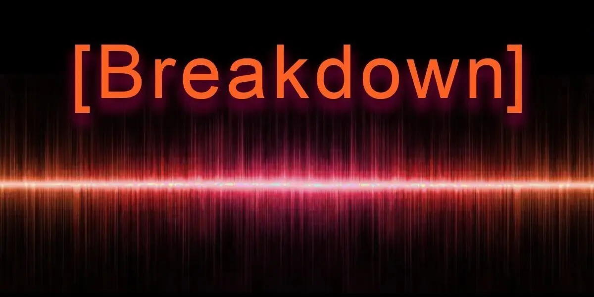 Suno Prompt Syntax: AI music Breakdown tag over an orange and pink audio waveform.