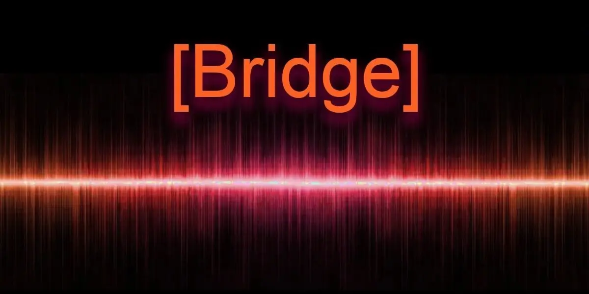 Suno Prompt Syntax: AI music Bridge tag over an orange and pink audio waveform.