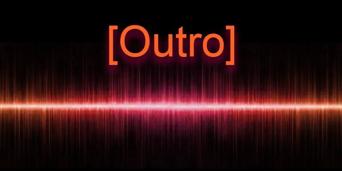 Suno Prompt Syntax: AI music Outro tag over an orange and pink audio waveform.
