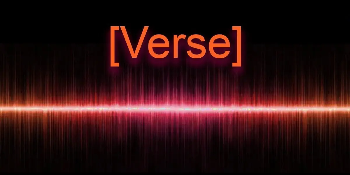 Suno Prompt Syntax: AI music Verse tag over an orange and pink audio waveform.