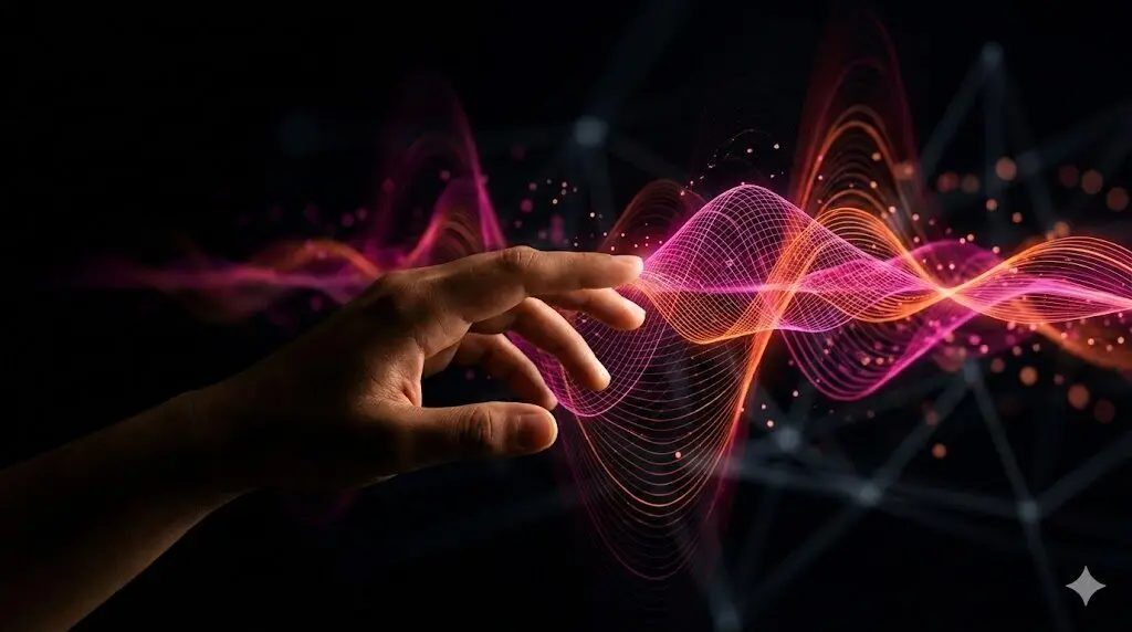 AI music keys & mood tags: A human hand touching colorful digital audio waves in a neon palette to show feelings.