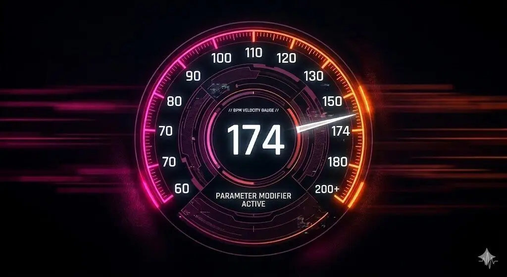 Suno Tempo Tag Guide: Neon 174 BPM gauge showing AI music tempo tags for energy control.