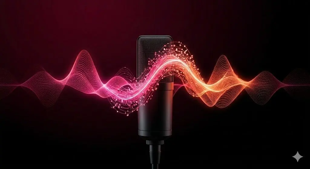 AI vocal tags: A studio mic with neon sound waves representing digital voice production.