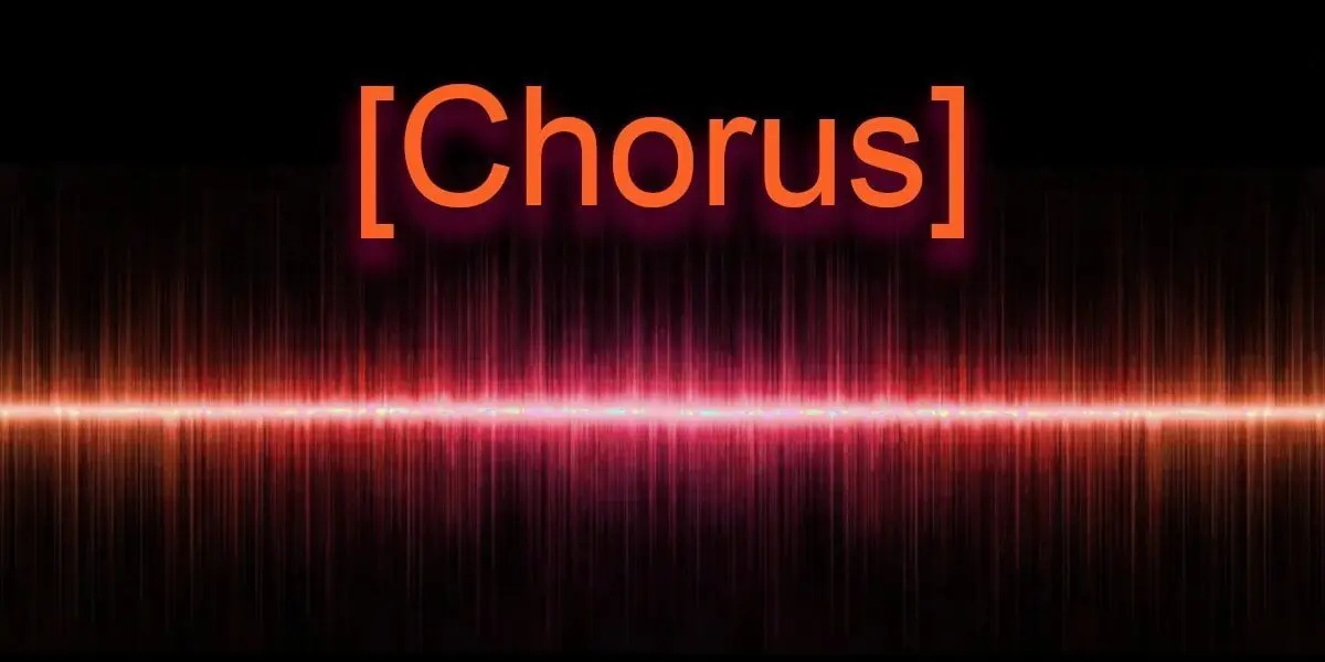 Suno Prompt Syntax: AI music Chorus tag over an orange and pink audio waveform.