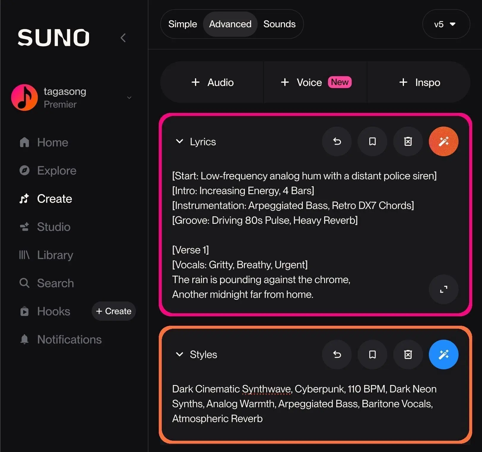 AI Music Intro Guide: Screenshot of customized Suno [Intro] tags in the Lyrics and Styles boxes.