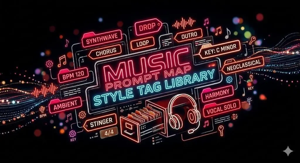 AI Music Prompt & Style Tag Library: Infographic for Suno AI song generation using structural and style tags.