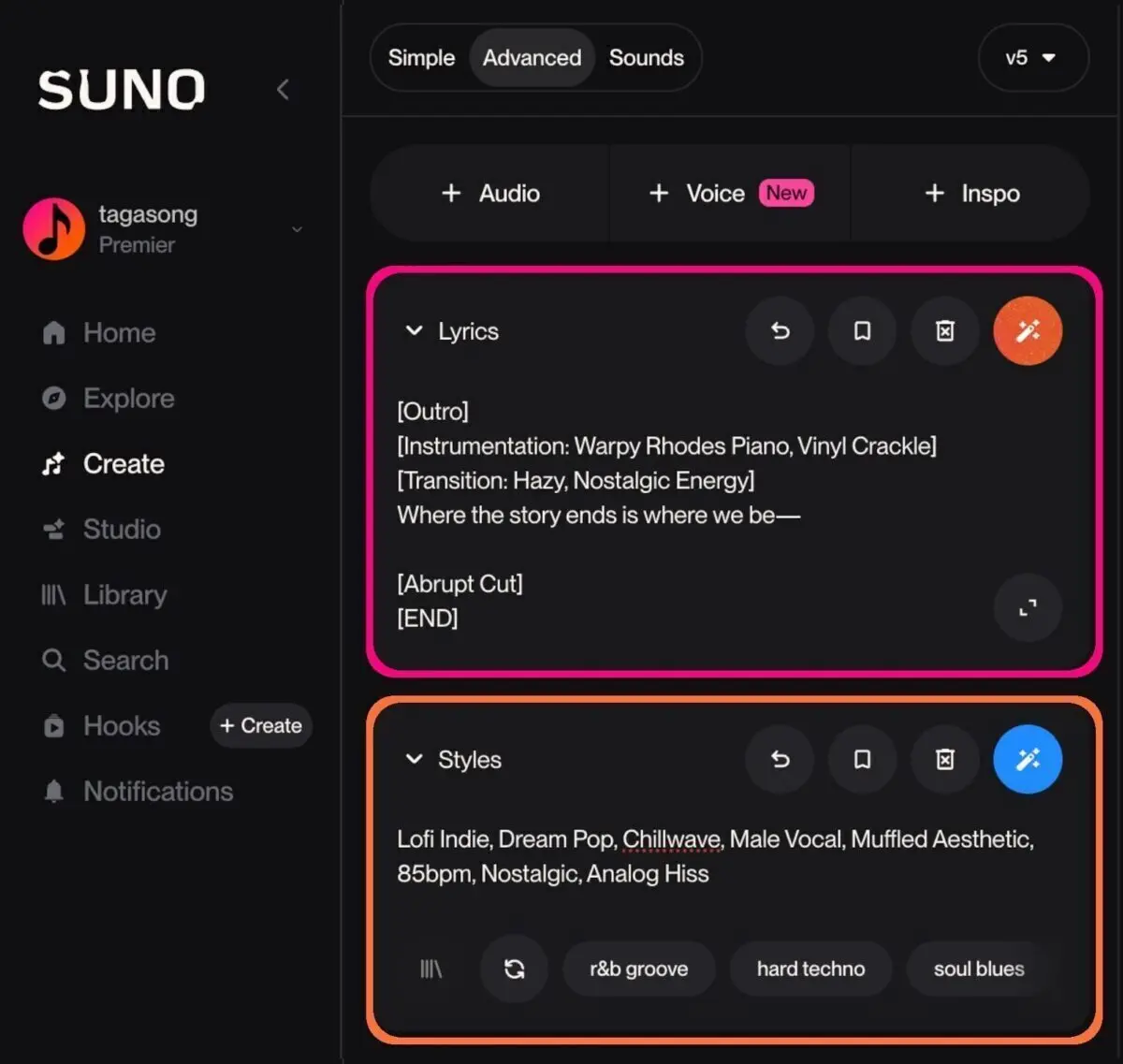 Suno AI guide: Screenshot of customized [Outro] tags in the Lyrics and Styles boxes.