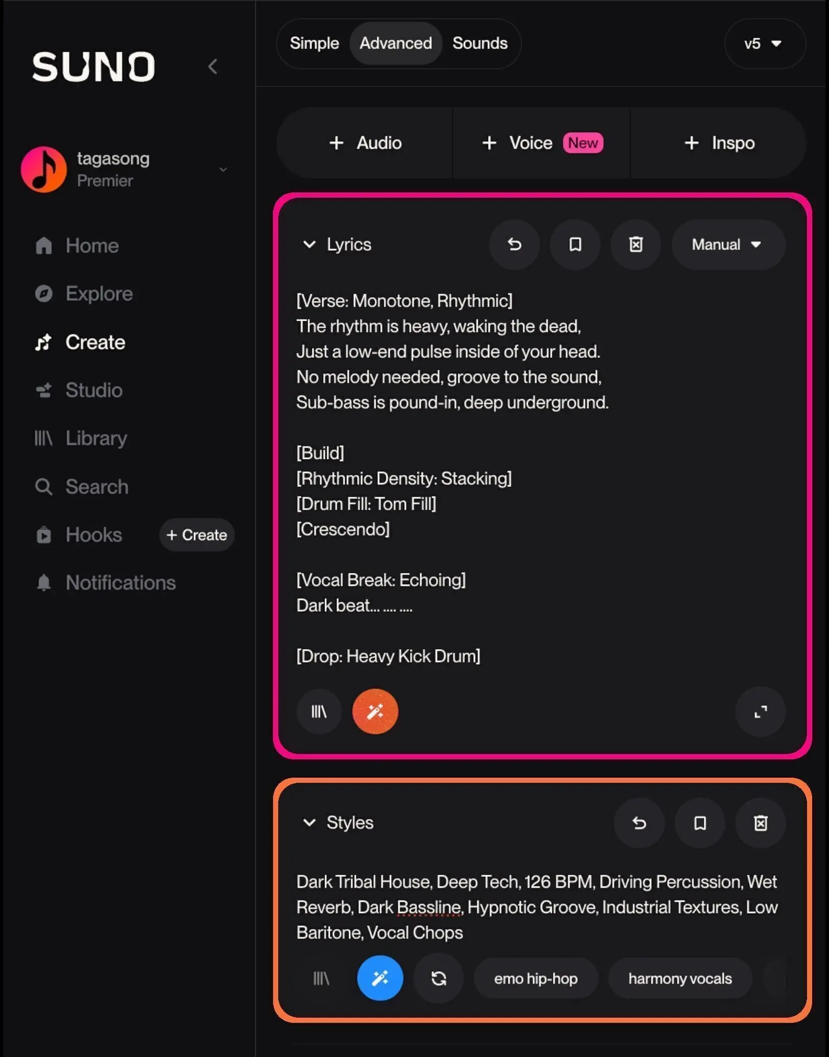 AI Music Break Guide: Screenshot of customized Suno [Break] tags in the Lyrics and Styles boxes.