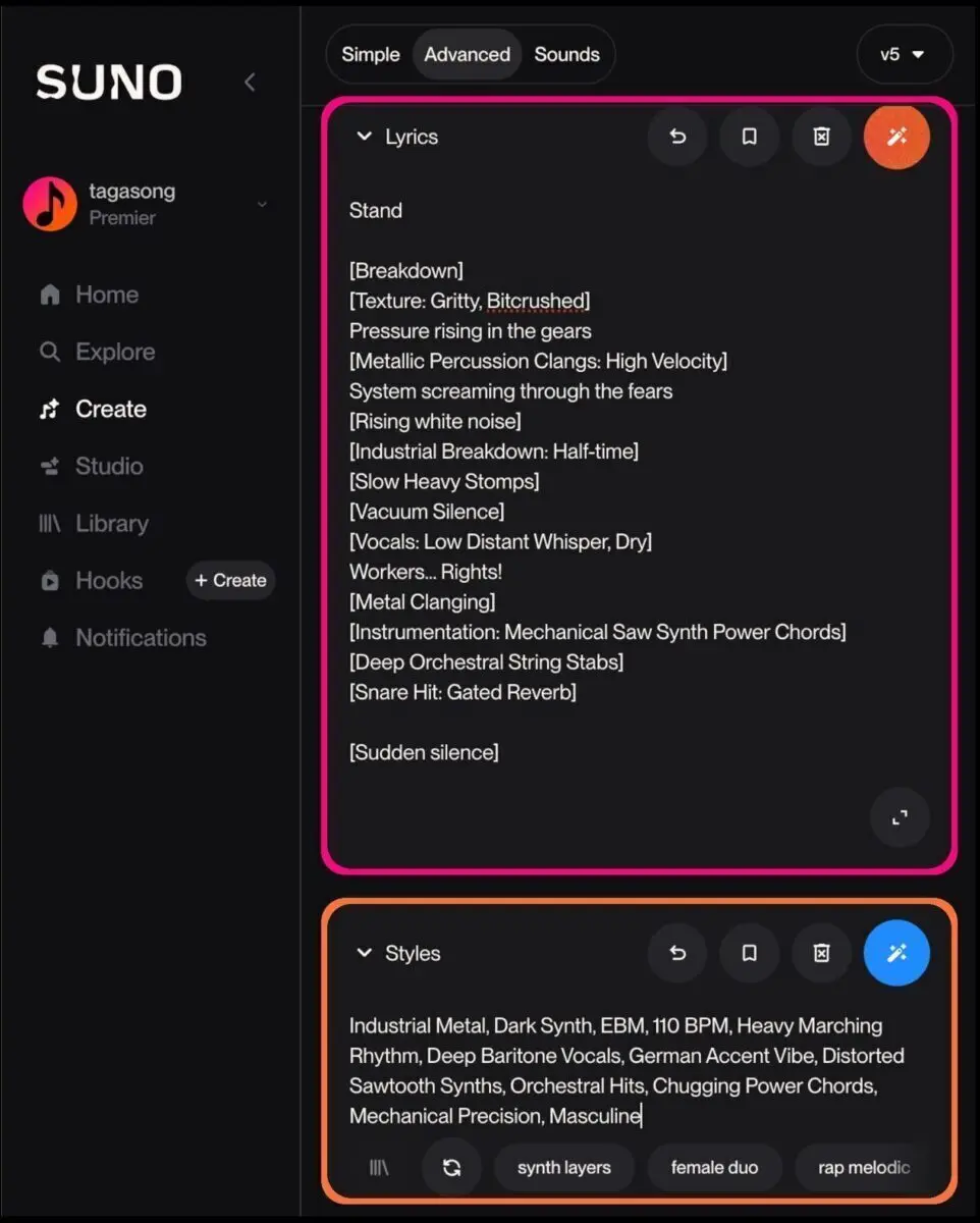 AI Music Breakdown Guide: Screenshot of customized Suno [Breakdown] tags in the Lyrics and Styles boxes.