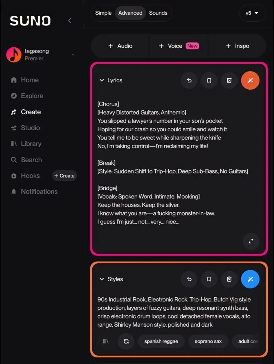 AI Music Bridge Guide: Screenshot of customized Suno [Bridge] tags in the Lyrics and Styles boxes.