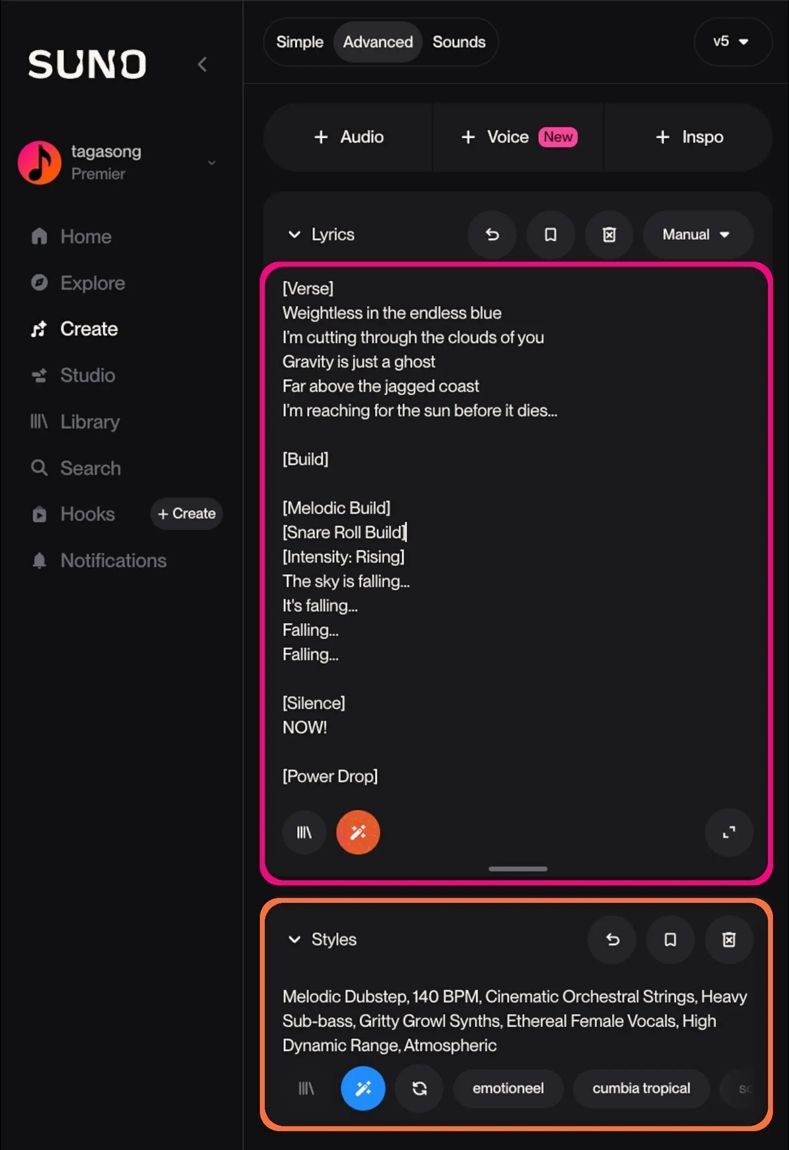 AI Music Build Guide: Screenshot of customized Suno [Build] tags in the Lyrics and Styles boxes.