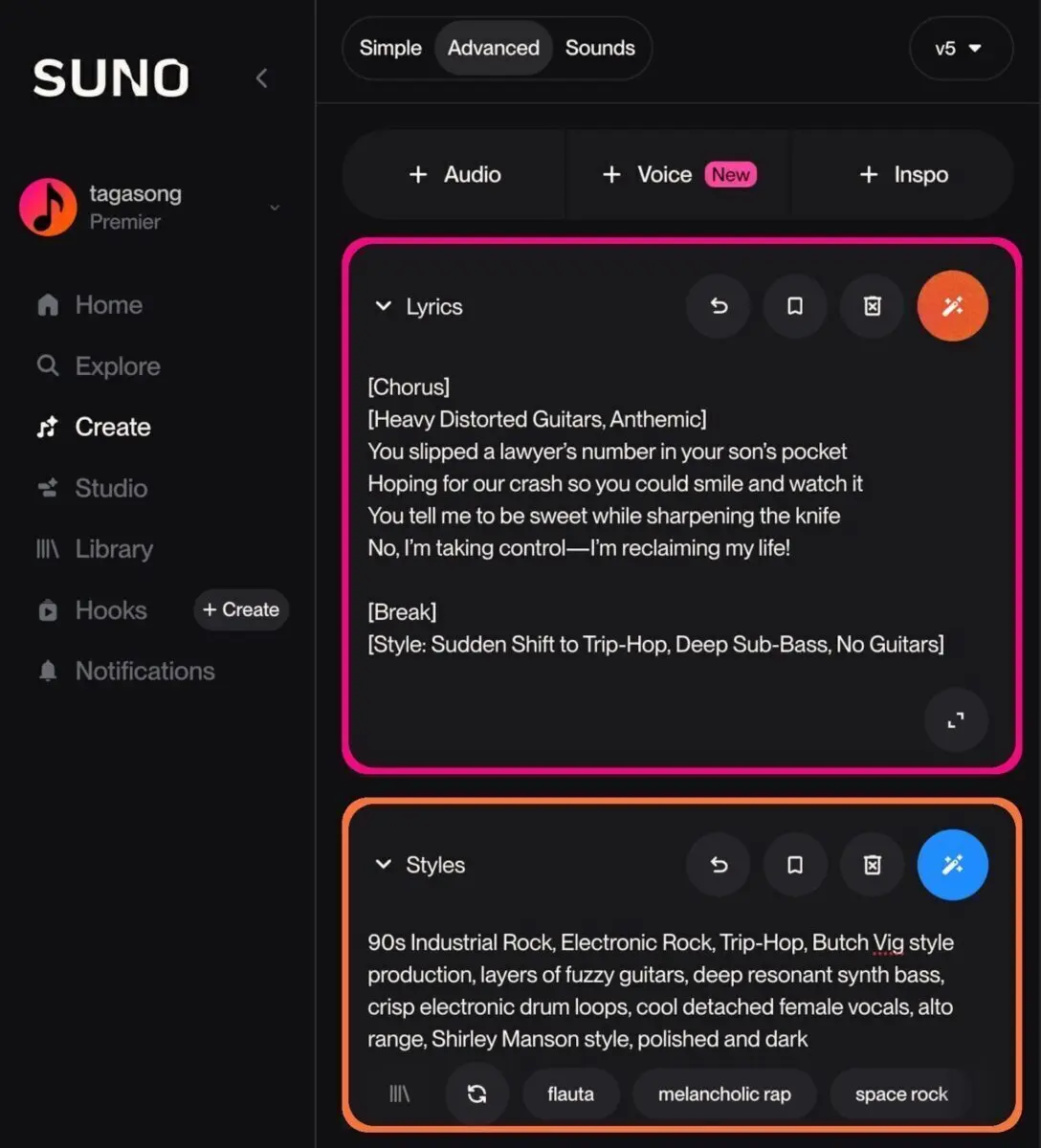 AI Music Chorus Guide: Screenshot of customized Suno [Chorus] tags in the Lyrics and Styles boxes.
