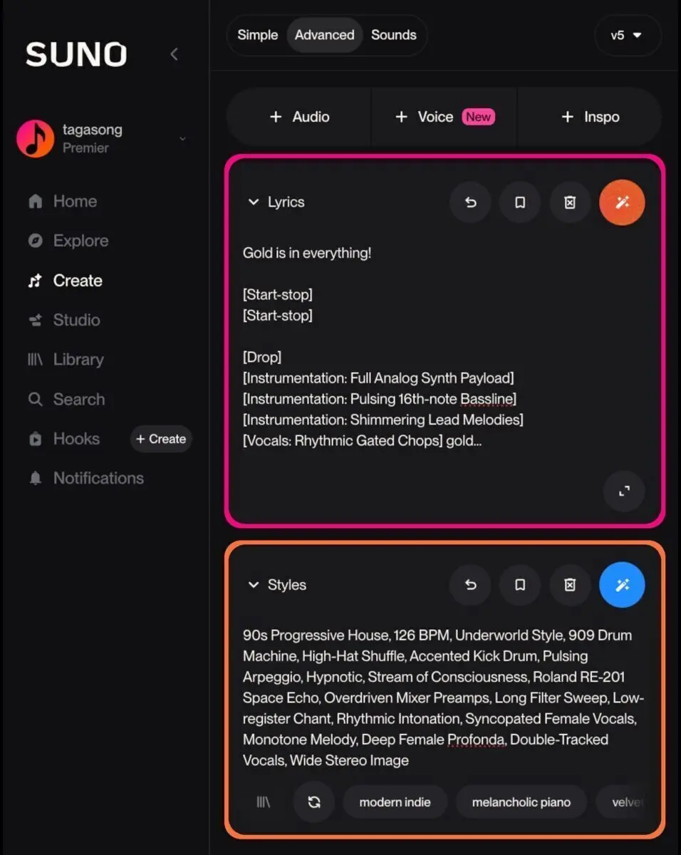 AI Music Drop Guide: Screenshot of customized Suno [Drop] tags in the Lyrics and Styles boxes.