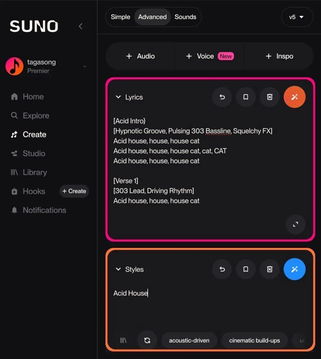 AI Music Groove Guide: Screenshot of customized Suno [Groove] tags in the Lyrics and Styles boxes.