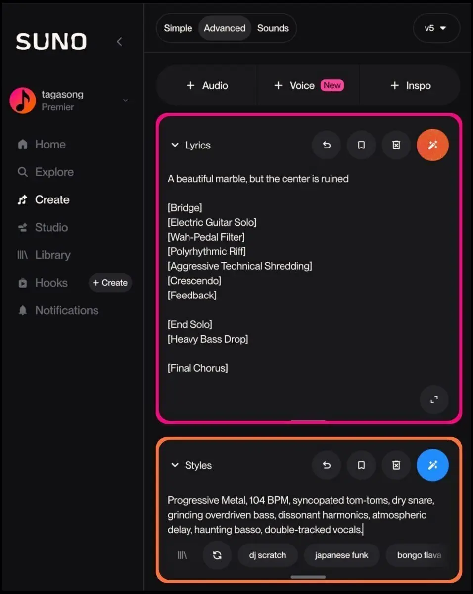 AI Music Solo Guide: Screenshot of customized Suno [Solo] tags in the Lyrics and Styles boxes.