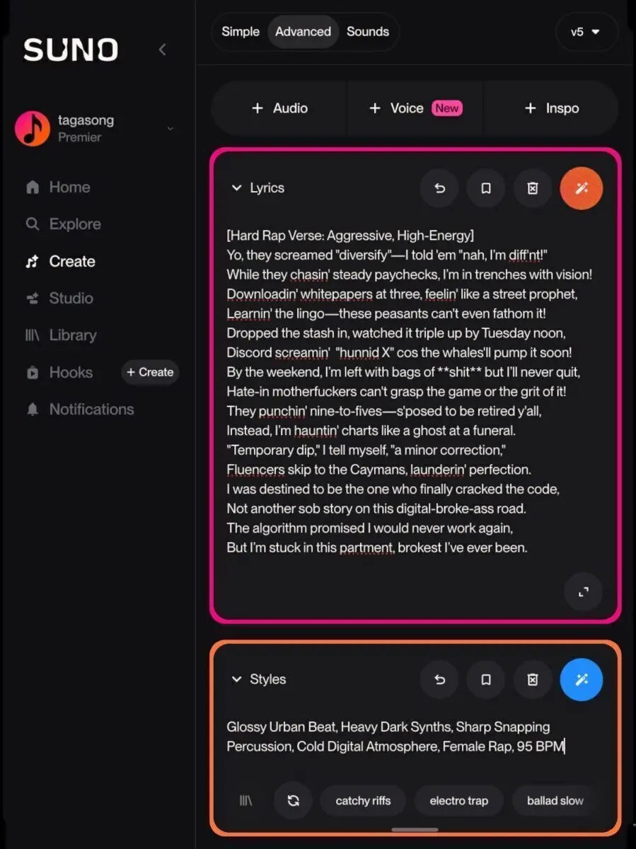 AI Music Verse Guide: Screenshot of customized Suno [Verse] tags in the Lyrics and Styles boxes.