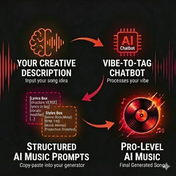 Vibe-to-Tag workflow showing how a creative idea becomes structured syntax in the AI music prompt generator.