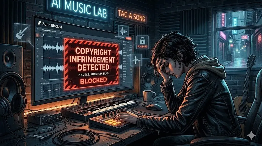 A digital illustration of a dejected musician in a leather jacket hunched over a computer. The monitor prominently displays a red "Suno Blocked" warning, identifying a copyright block on the project titled "Phantom Flag."