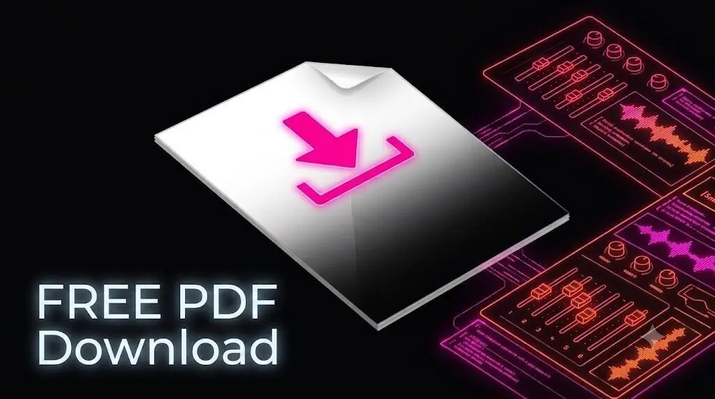 Free Suno Guide and PDF download cover displaying song structure tags and the two-zone workflow on a dark music production console background